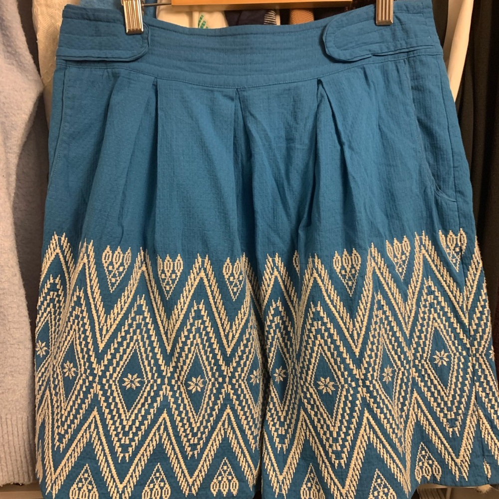 Floreat Teal Midi Skirt with cream-white Geometric Embroidery